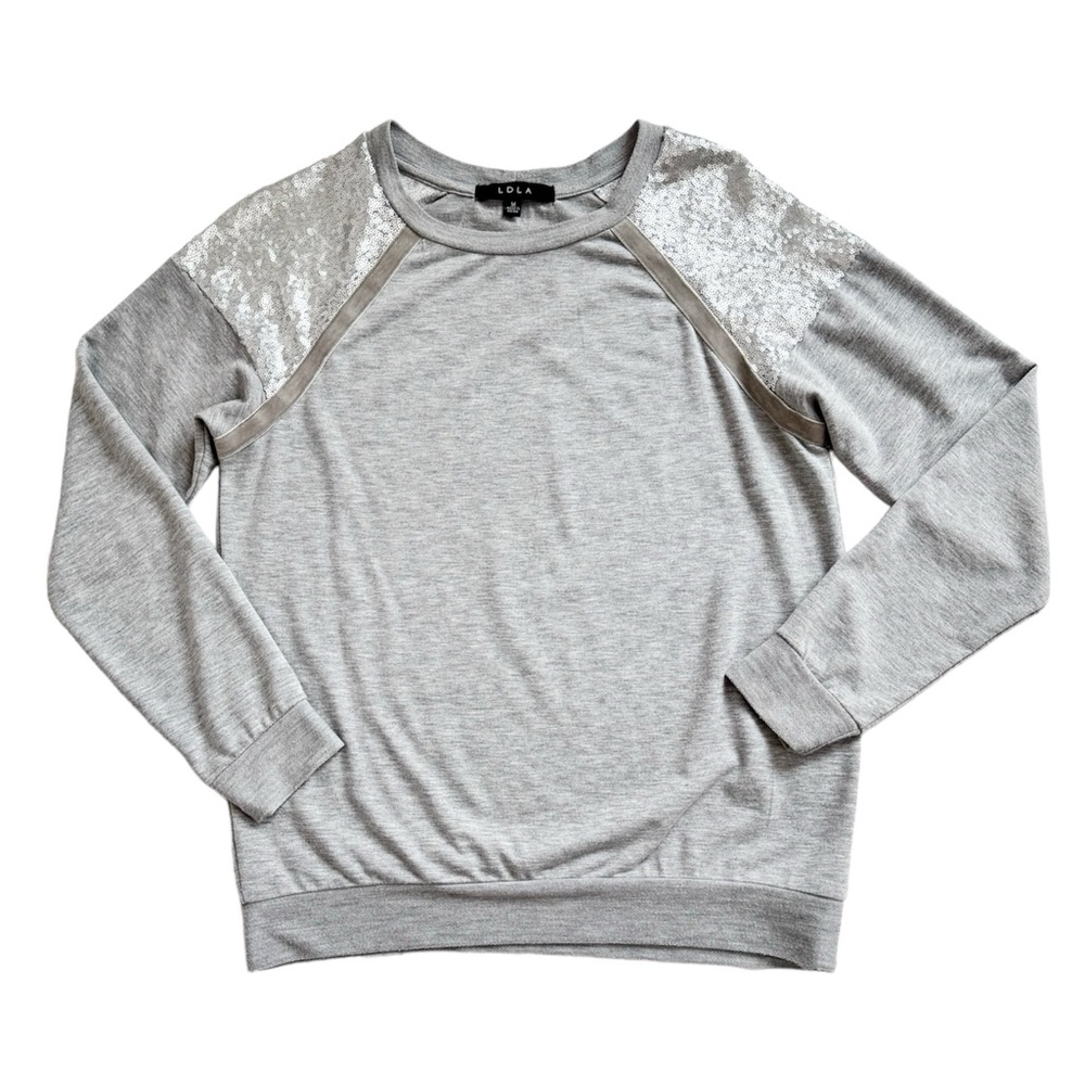 Gray Size M Silver Sequin Shoulders Raglan Sleeve Baseball Sweatshirt Top